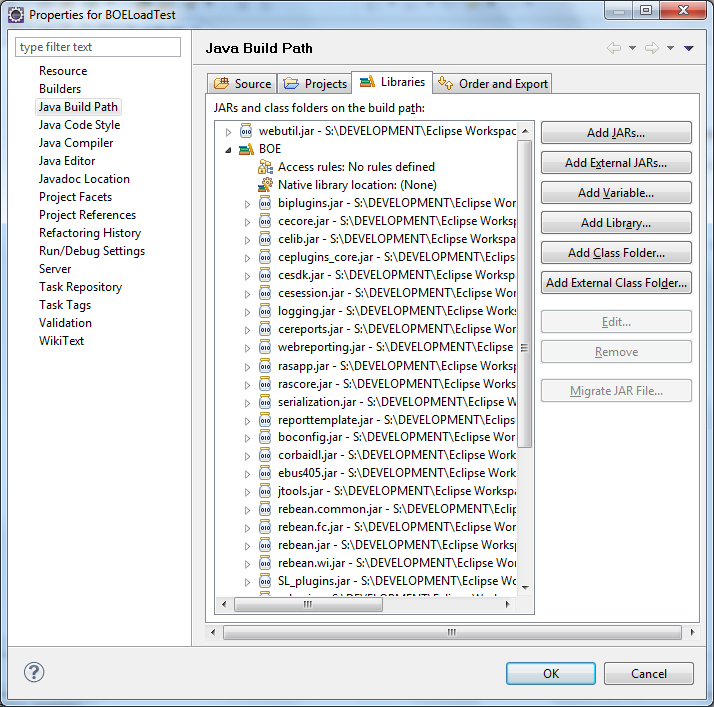 Screen shot of Properties dialog from Eclipse showing the build path configured for BOE JAR files