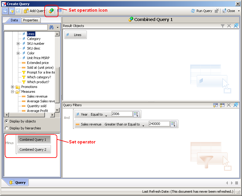 Screenshot of Web Intelligence Query Panel displaying the set operation icon and panel
